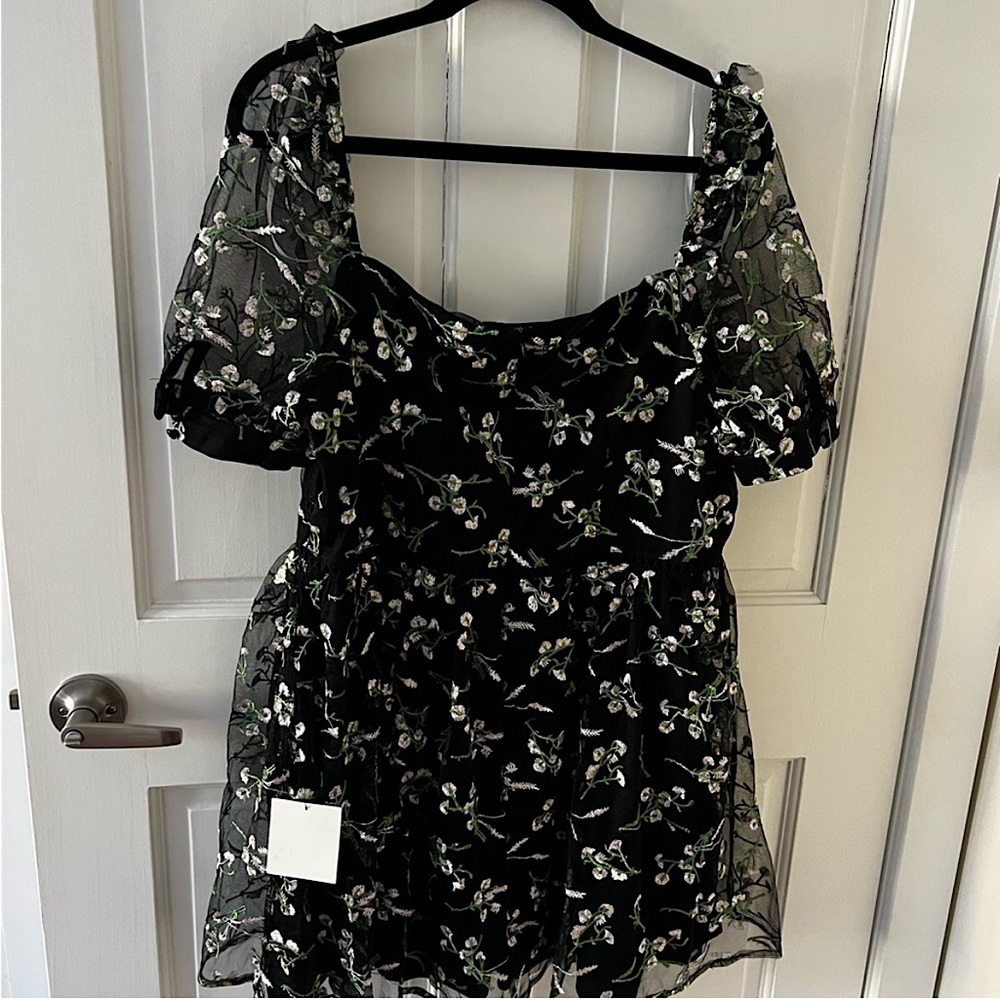 Radiant Love Black Floral Embroidered Short Sleeve Skater Dress